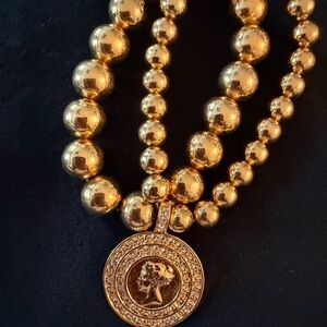 Gold Beaded Coin Pendant Necklace - Women's Jewelry
